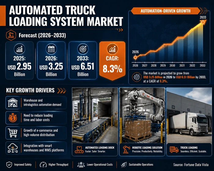 Automated Truck Loading System Market Size to Hit USD 6.51 Billion by 2033 Automated Truck Loading System Market Size to Hit USD 6.51 Billion by 2033