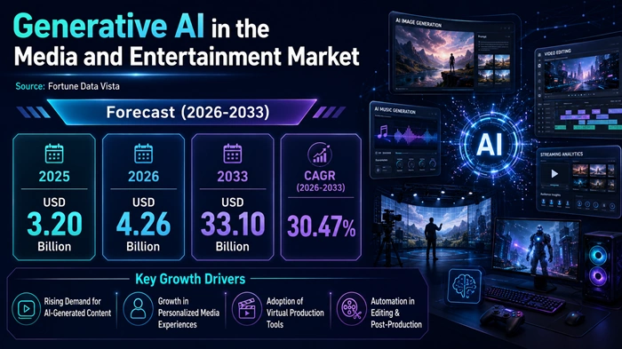 Generative AI in Media and Entertainment Market Size to Hit USD 33.10 Billion by 2033 Generative AI in Media and Entertainment Market Size to Hit USD 33.10 Billion by 2033
