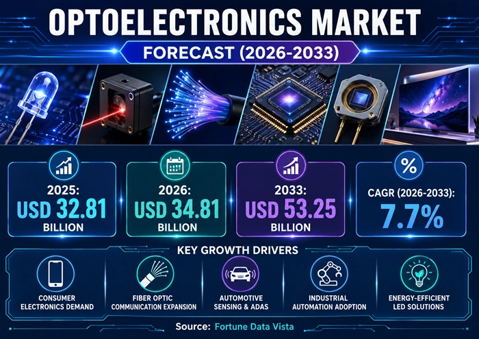 Optoelectronics Market Size to Hit USD 53.25 Billion by 2033 Optoelectronics Market Size to Hit USD 53.25 Billion by 2033