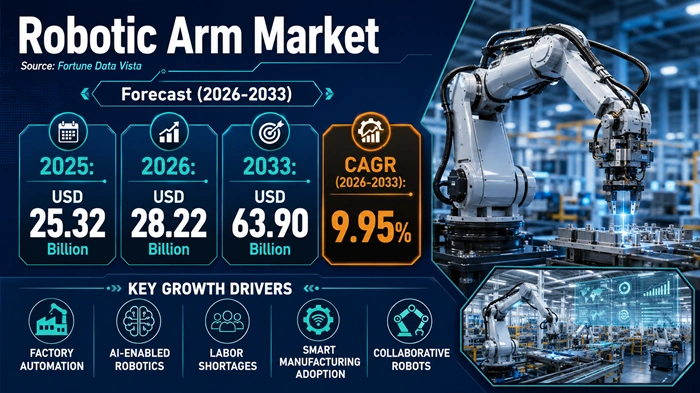 Robotic Arm Market Size to Hit USD 63.90 Billion by 2033 Robotic Arm Market Size to Hit USD 63.90 Billion by 2033